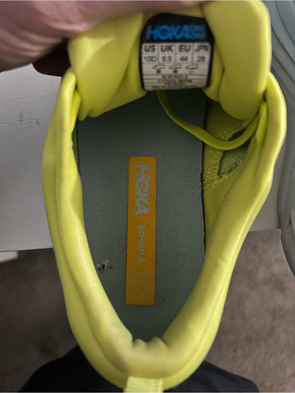 Hoka Bondi 8 Neon Yellow Running Shoes with Orange Logo - Picture 6 of 7